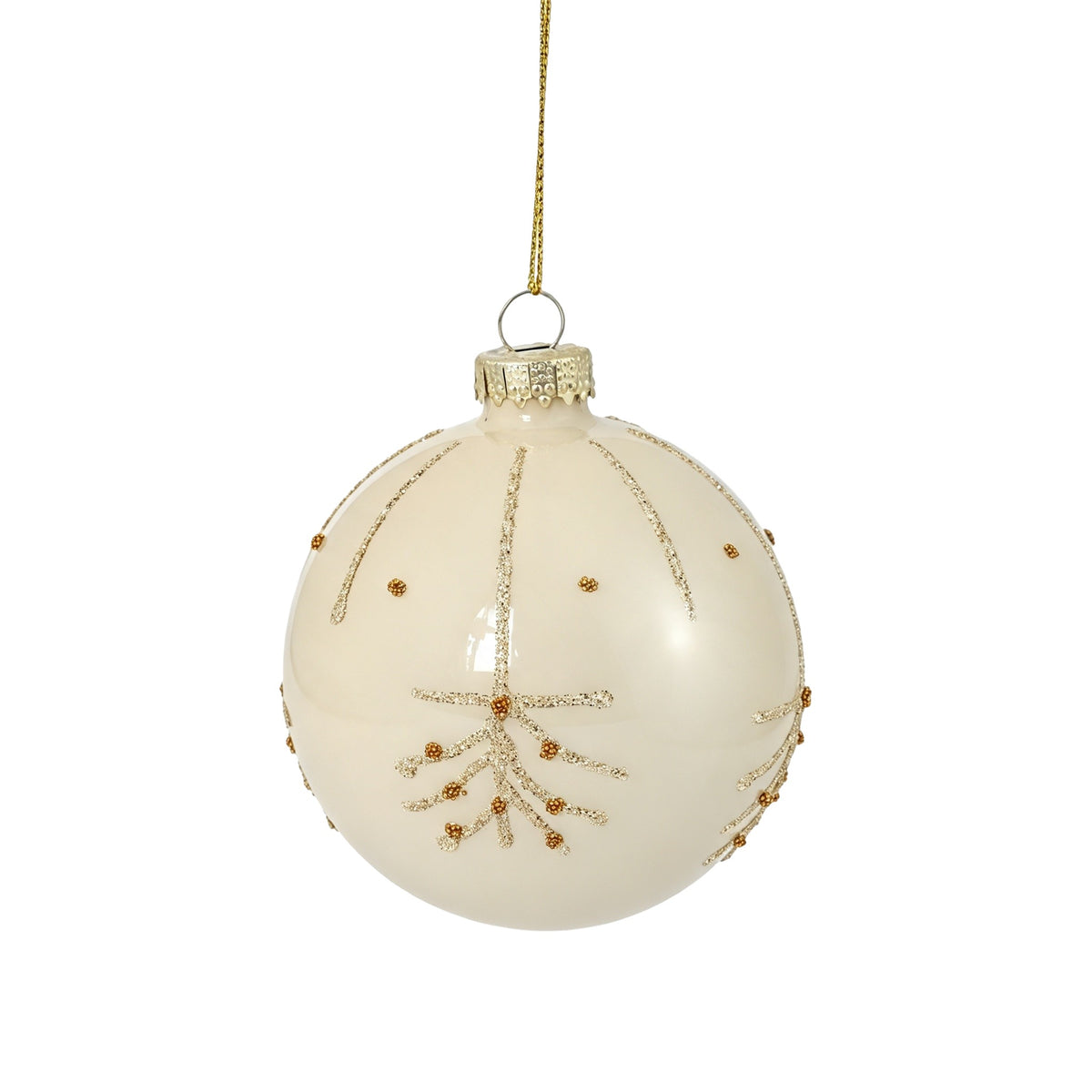 Pallina di Natale in vetro avorio lucido con decoro oro, 8 cm – palline di Natale in vetro Merry Worlds