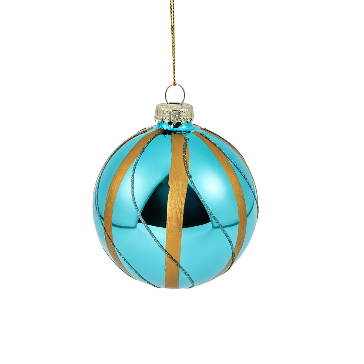 Pallina di Natale in vetro azzurro lucido con decoro righe oro, 8 cm – palline di Natale in vetro Merry Worlds