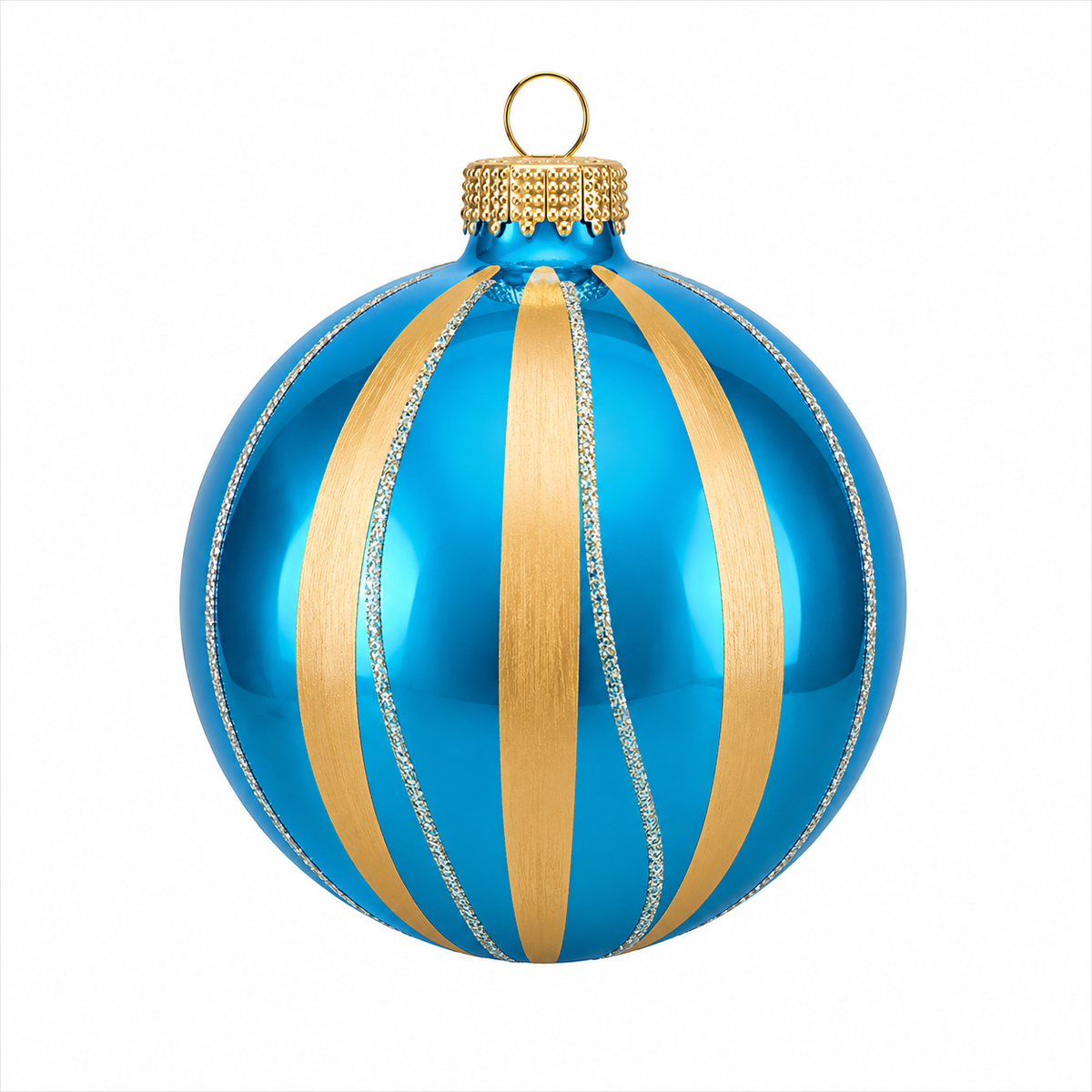 Pallina di Natale in vetro azzurro lucido con decoro righe oro, 8 cm – decorazioni per albero di Natale Merry Worlds, foto 2