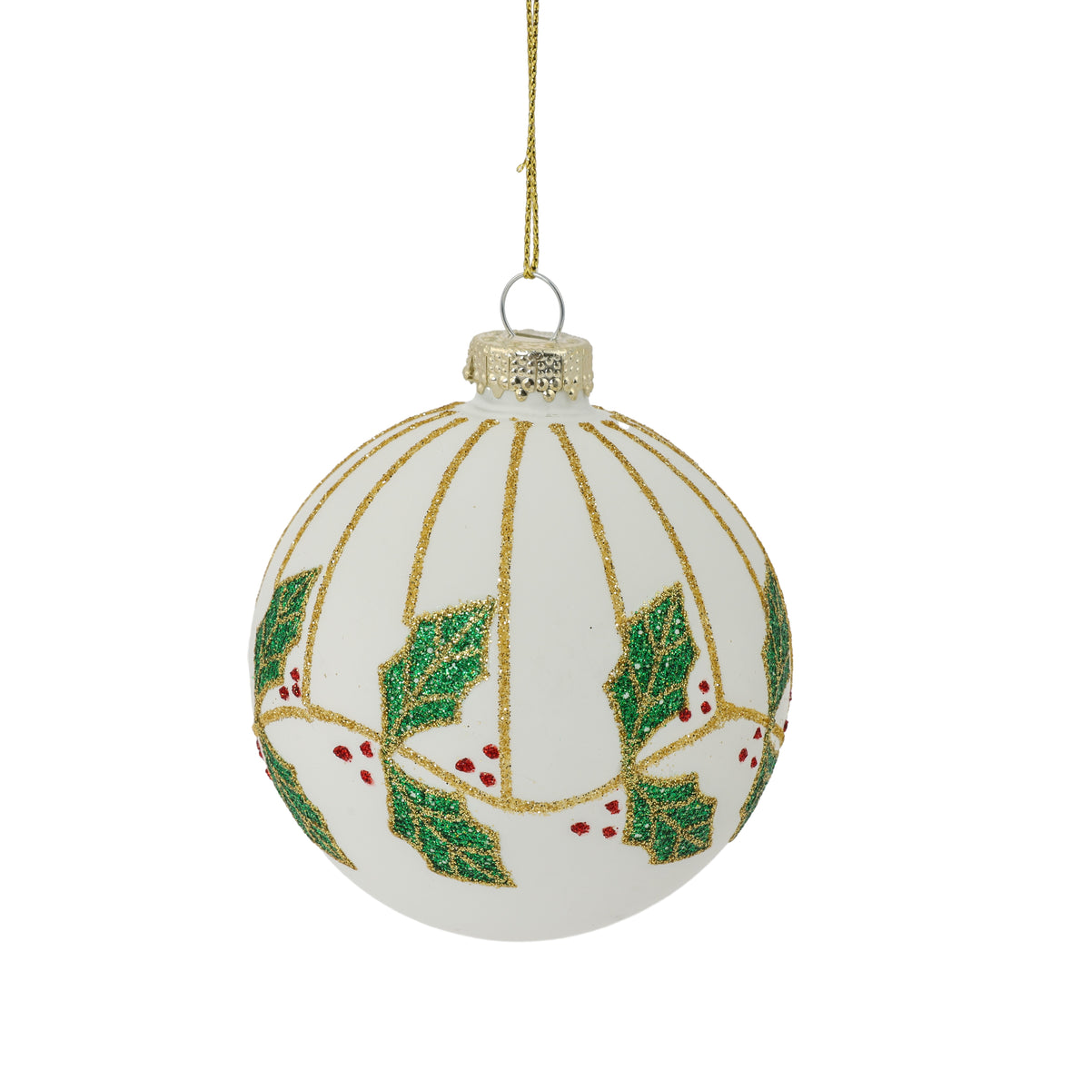 Pallina di Natale in vetro bianco con decoro foglie pungitopo, 8 cm – palline di Natale in vetro Merry Worlds