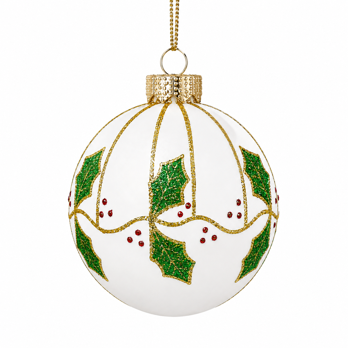 Pallina di Natale in vetro bianco con decoro foglie pungitopo, 8 cm – decorazioni per albero di Natale Merry Worlds, foto 2