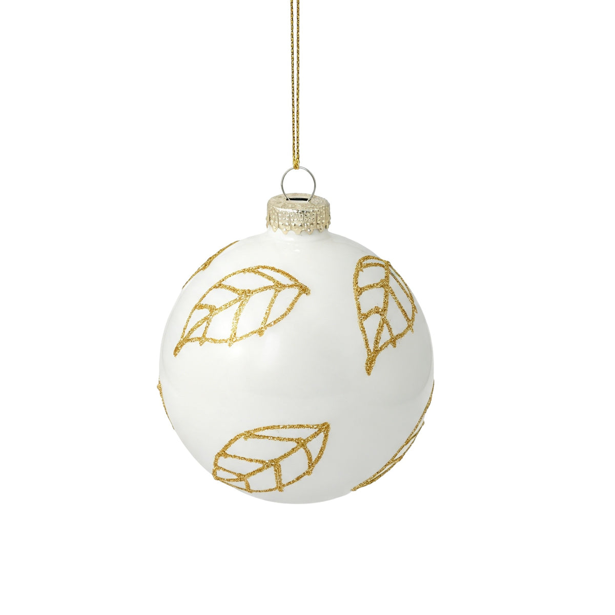 Pallina di Natale in vetro bianco lucido con decoro foglie, 8 cm – palline di Natale in vetro Merry Worlds