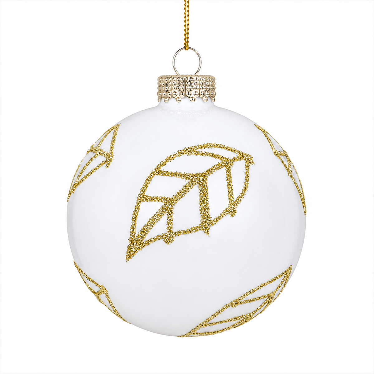 Pallina di Natale in vetro bianco lucido con decoro foglie, 8 cm – decorazioni per albero di Natale Merry Worlds, foto 2