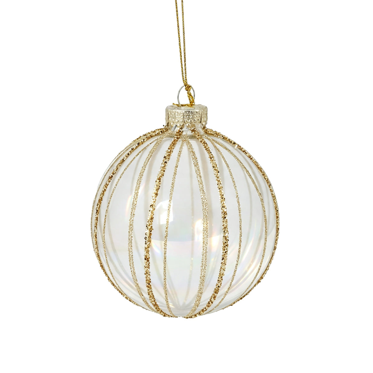 Pallina di Natale in vetro bianco lucido con decoro linee, 8 cm – palline di Natale in vetro Merry Worlds