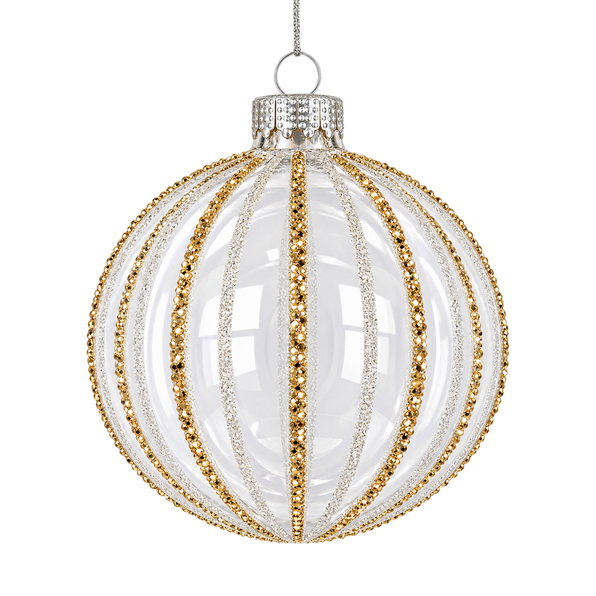 Pallina di Natale in vetro bianco lucido con decoro linee, 8 cm – decorazioni per albero di Natale Merry Worlds, foto 2