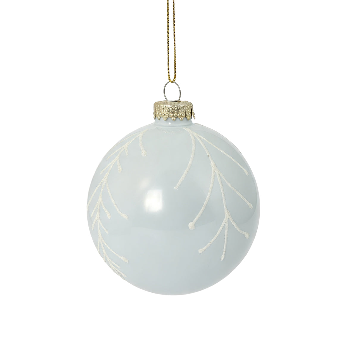 Pallina di Natale in vetro bianco lucido con decoro rami, 8 cm – palline di Natale in vetro Merry Worlds