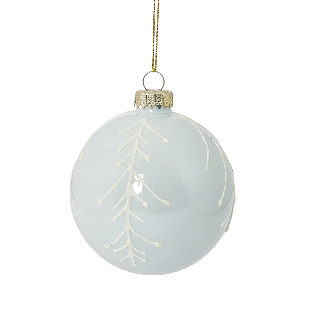 Pallina di Natale in vetro bianco lucido con decoro rami, 8 cm, dettaglio – ornamenti natalizi Merry Worlds, foto 2
