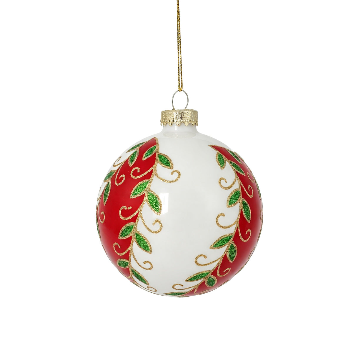 Pallina di Natale in vetro bianco lucido con decoro vischio e bacche, 8 cm – palline di Natale in vetro Merry Worlds