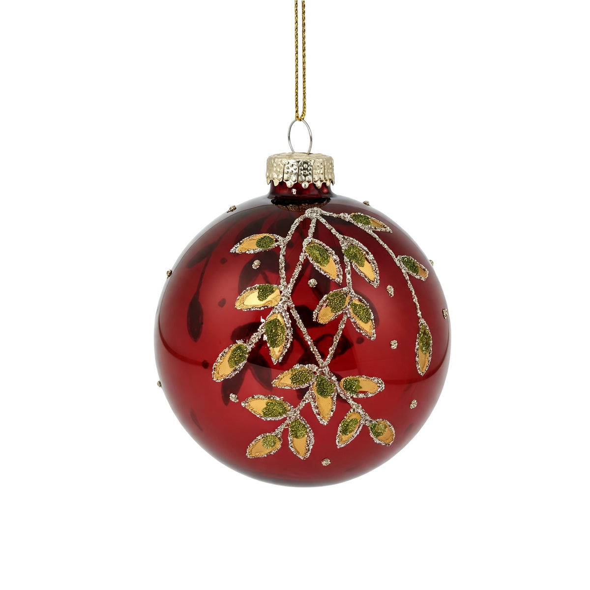 Pallina di Natale in vetro bordeaux con decoro foglie oro, 8 cm – palline di Natale in vetro Merry Worlds