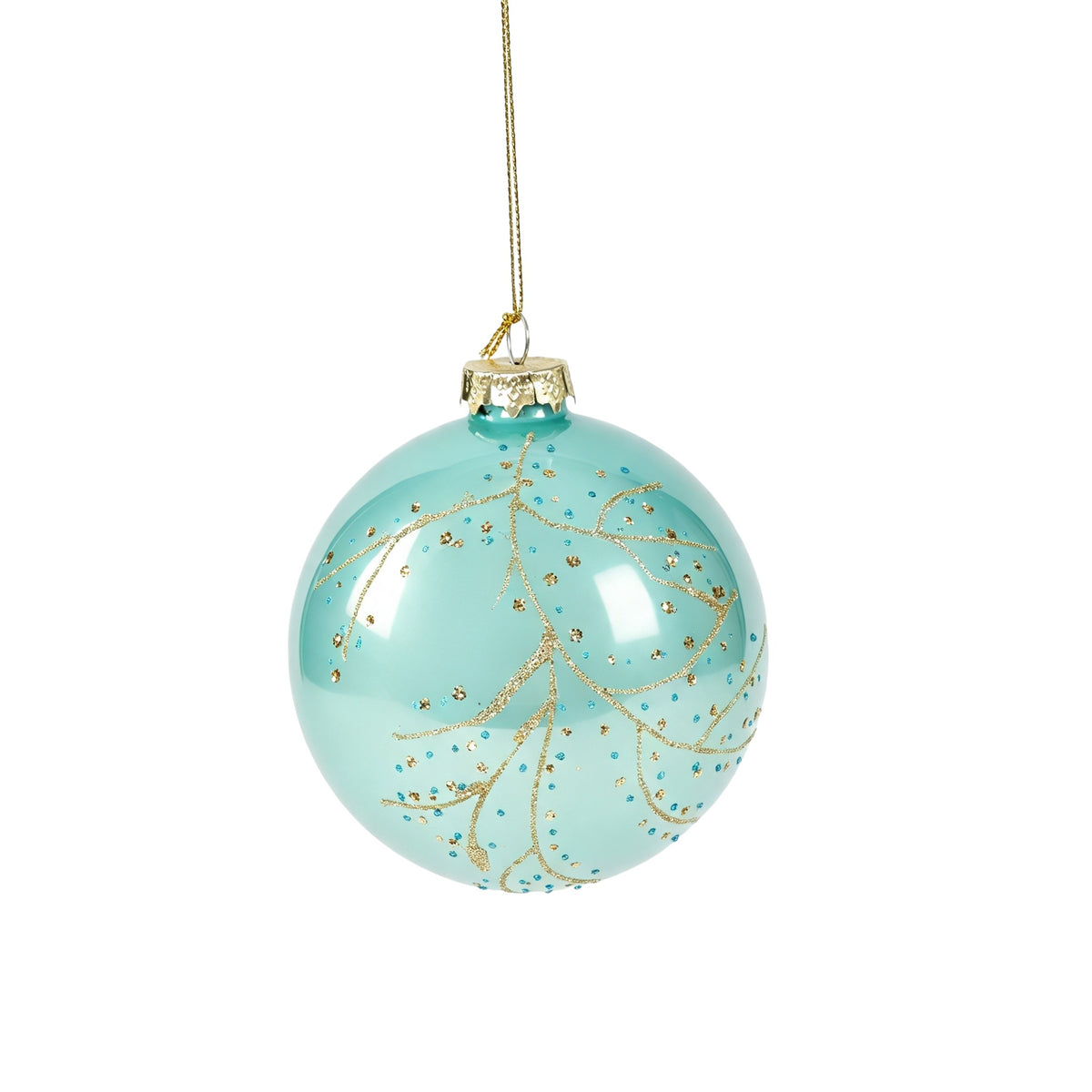Pallina di Natale in vetro celeste lucido con decoro rami oro, 8 cm – palline di Natale in vetro Merry Worlds