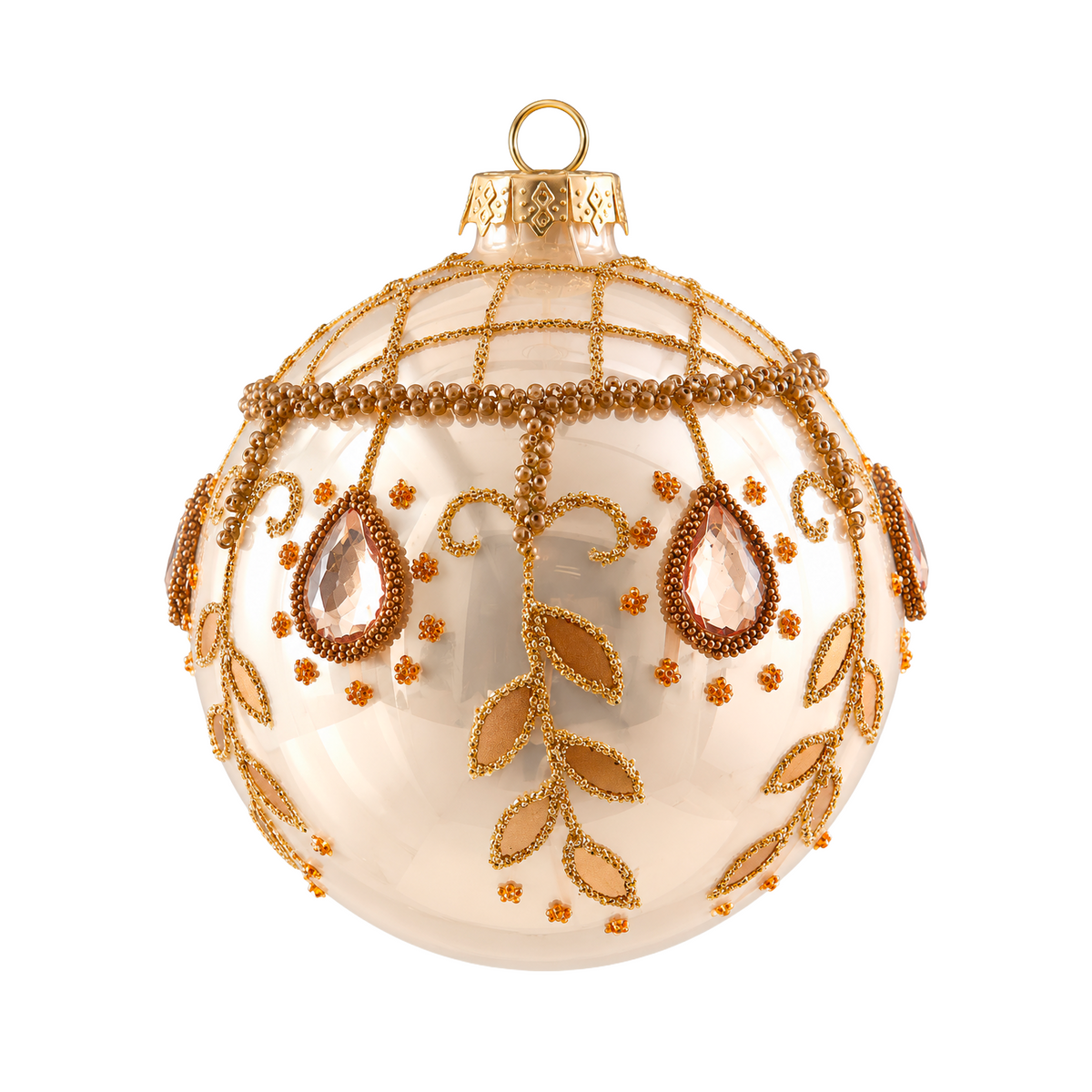 Pallina di Natale in vetro champagne con decoro a foglie – palline di Natale eleganti Merry Worlds