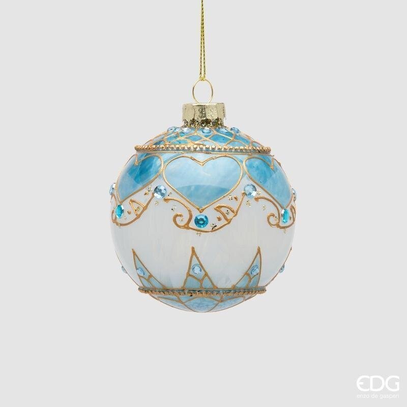 Pallina di Natale in vetro bianca con cuori azzurri e decori oro, 8 cm
