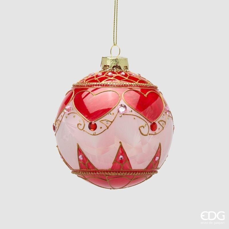 Pallina di Natale in vetro rosa con cuori rossi e decori oro, 10 cm