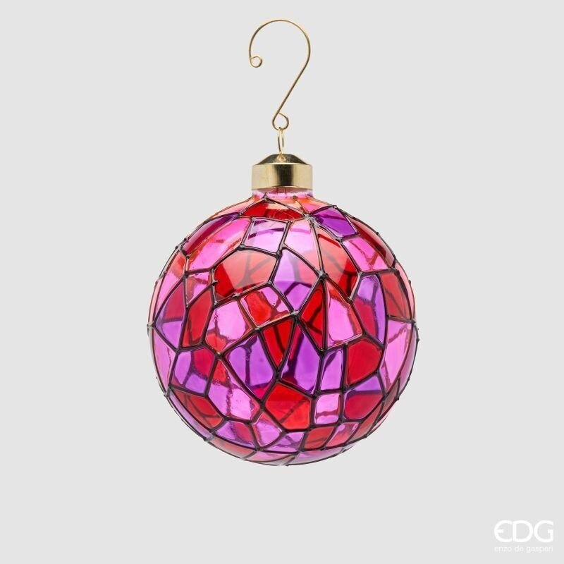 Pallina di Natale in vetro effetto mosaico rosa, fucsia e viola con contorni oro, 10 cm