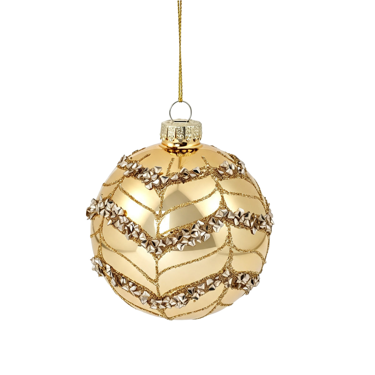 Pallina di Natale in vetro oro lucido con decoro felce in oro, 8 cm – palline di Natale in vetro Merry Worlds