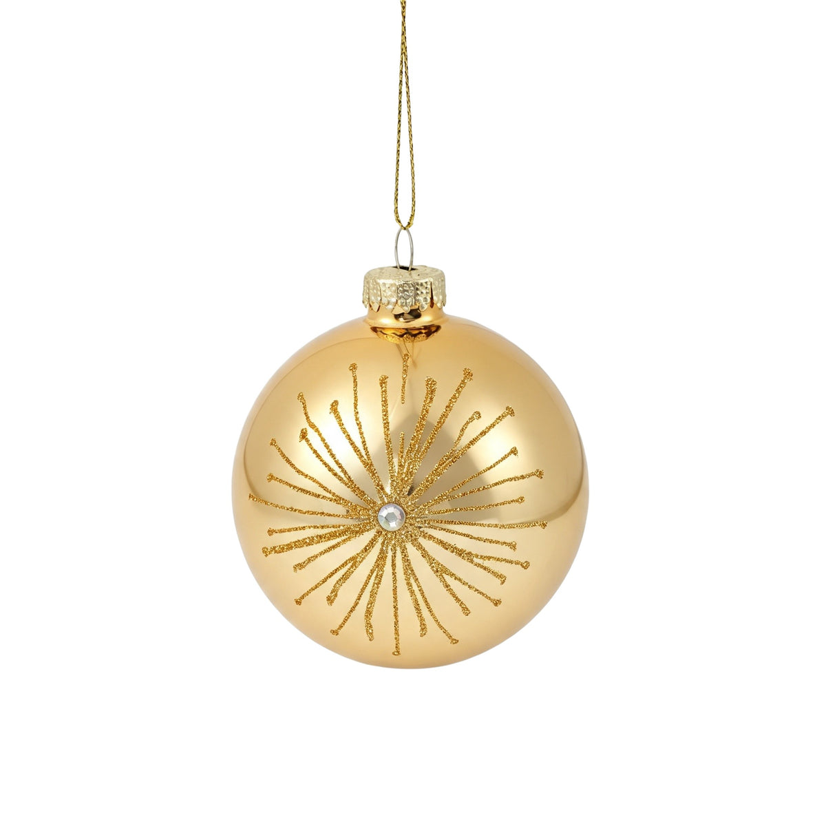 Pallina di Natale in vetro oro lucido decoro a raggiera, 8 cm – palline di Natale in vetro Merry Worlds