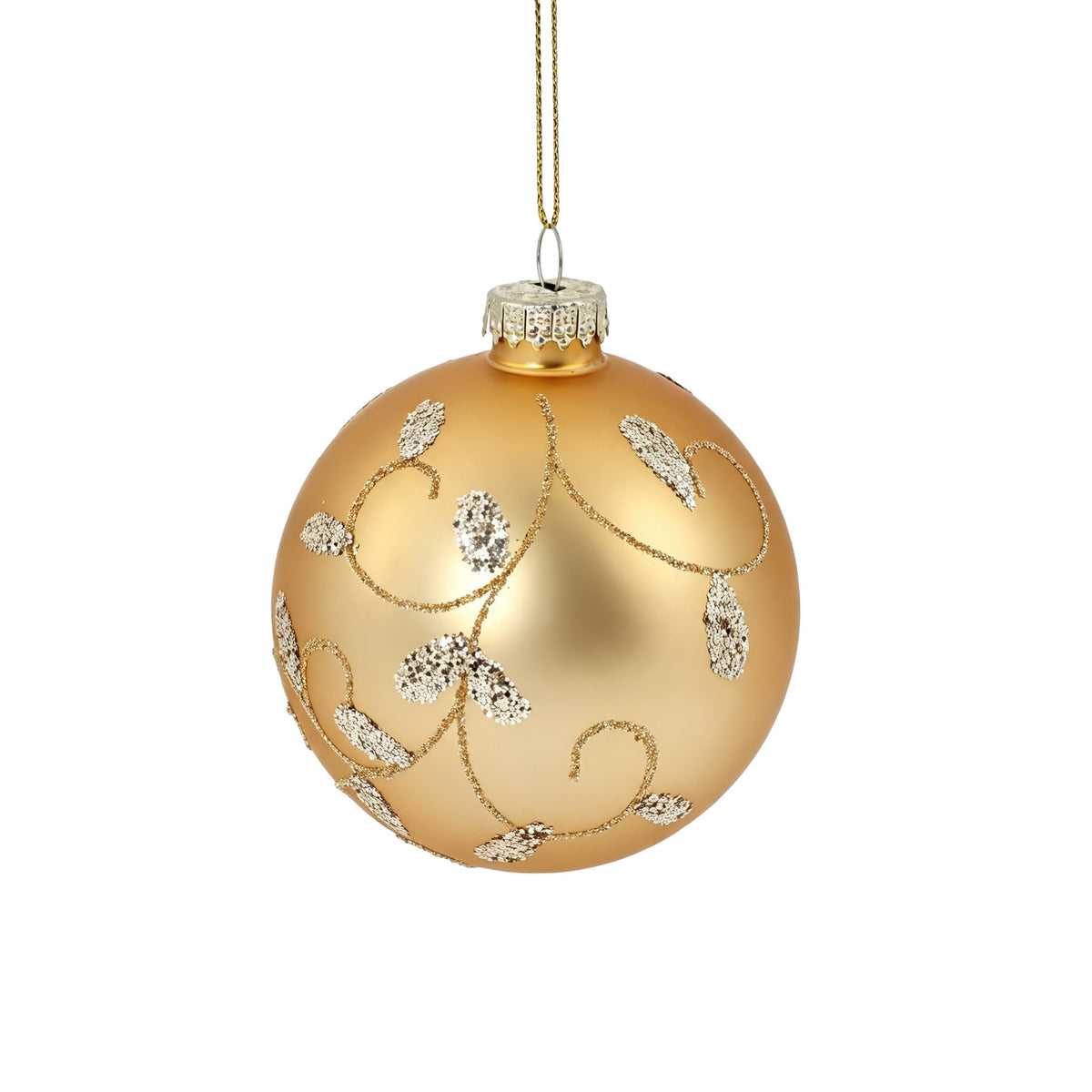 Pallina di Natale in vetro oro opaco con decoro volute in oro, 8 cm, dettaglio – ornamenti natalizi Merry Worlds, foto 2