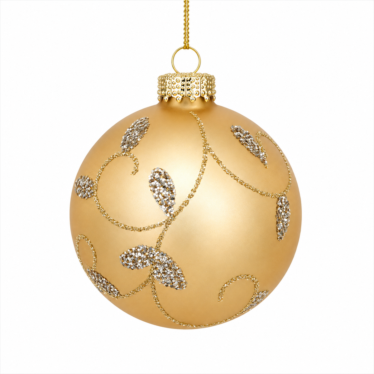 Pallina di Natale in vetro oro opaco con decoro volute in oro, 8 cm – palline di Natale eleganti Merry Worlds, foto 3