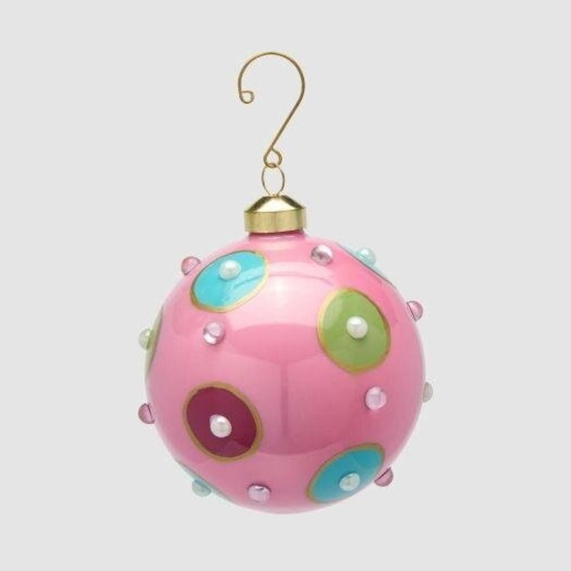 Pallina di Natale in vetro rosa pastello con cerchi colorati in rilievo, 10 cm