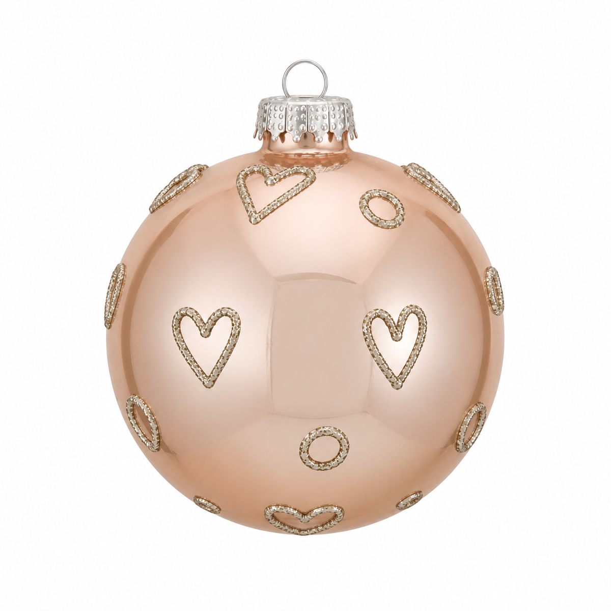 Pallina di Natale in vetro rosa cipria con decoro cuori, 8 cm – palline di Natale in vetro Merry Worlds