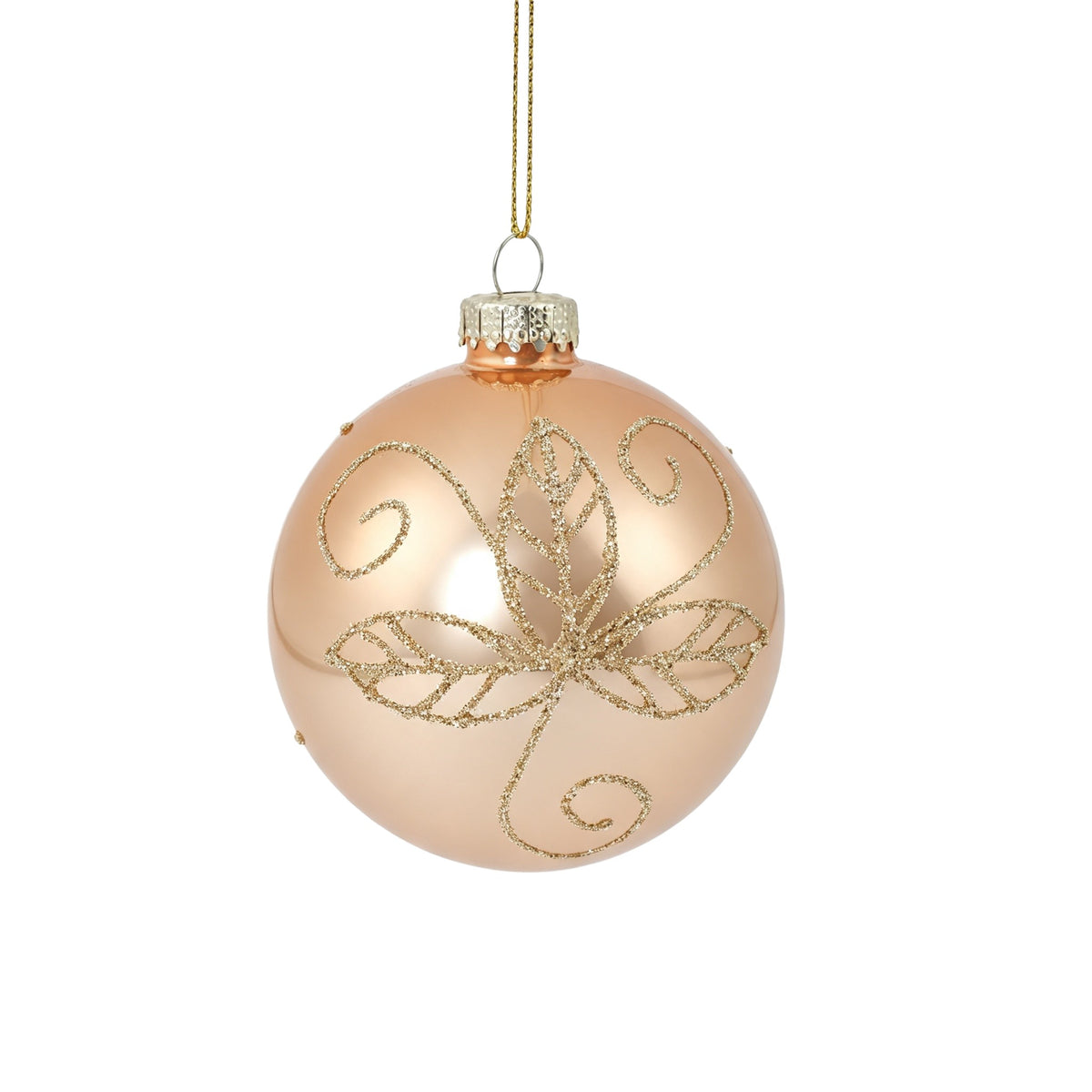Pallina di Natale in vetro rosa cipria con decoro fiore oro, 8 cm – palline di Natale in vetro Merry Worlds
