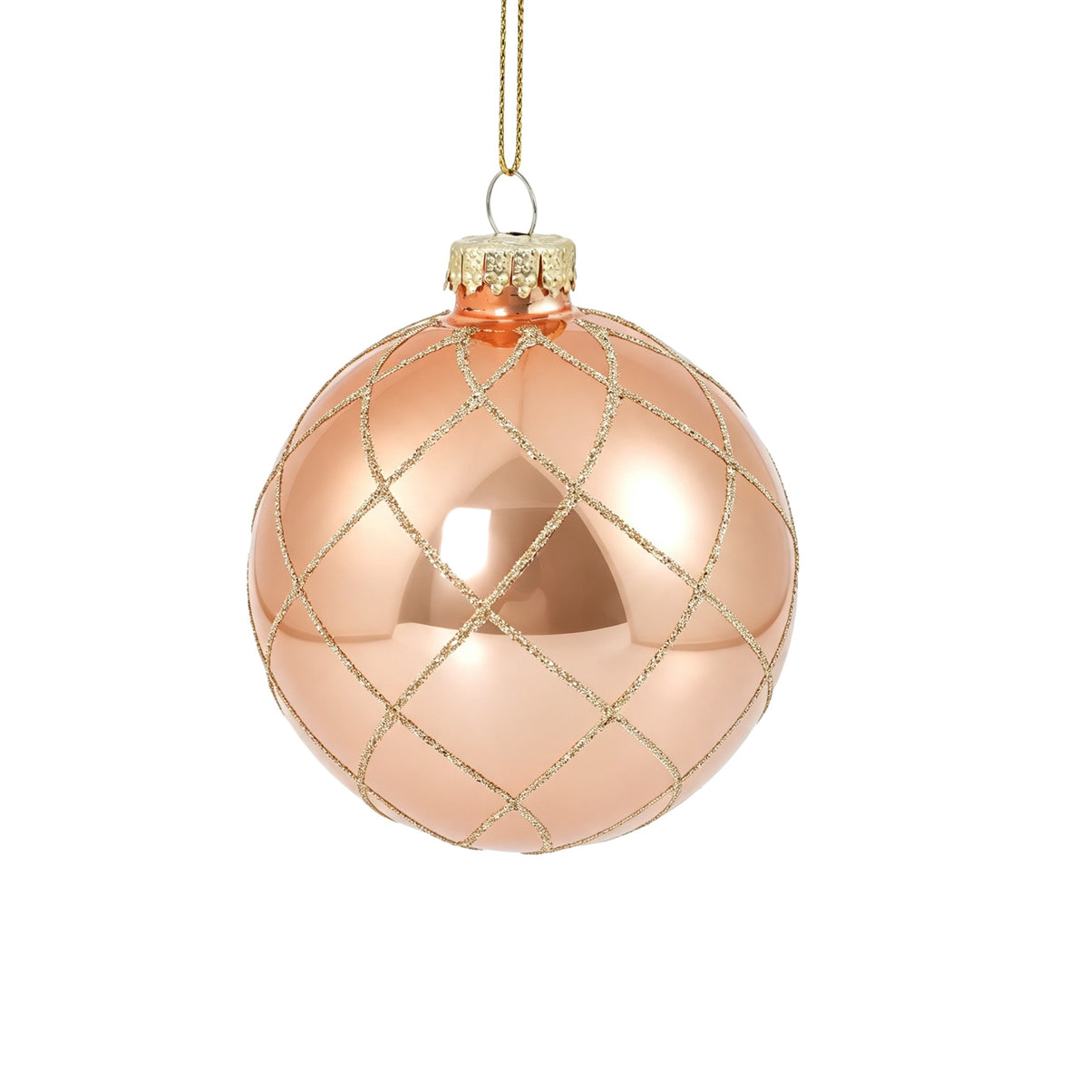 Pallina di Natale in vetro rosa cipria con decoro rombi oro, 8 cm – palline di Natale in vetro Merry Worlds