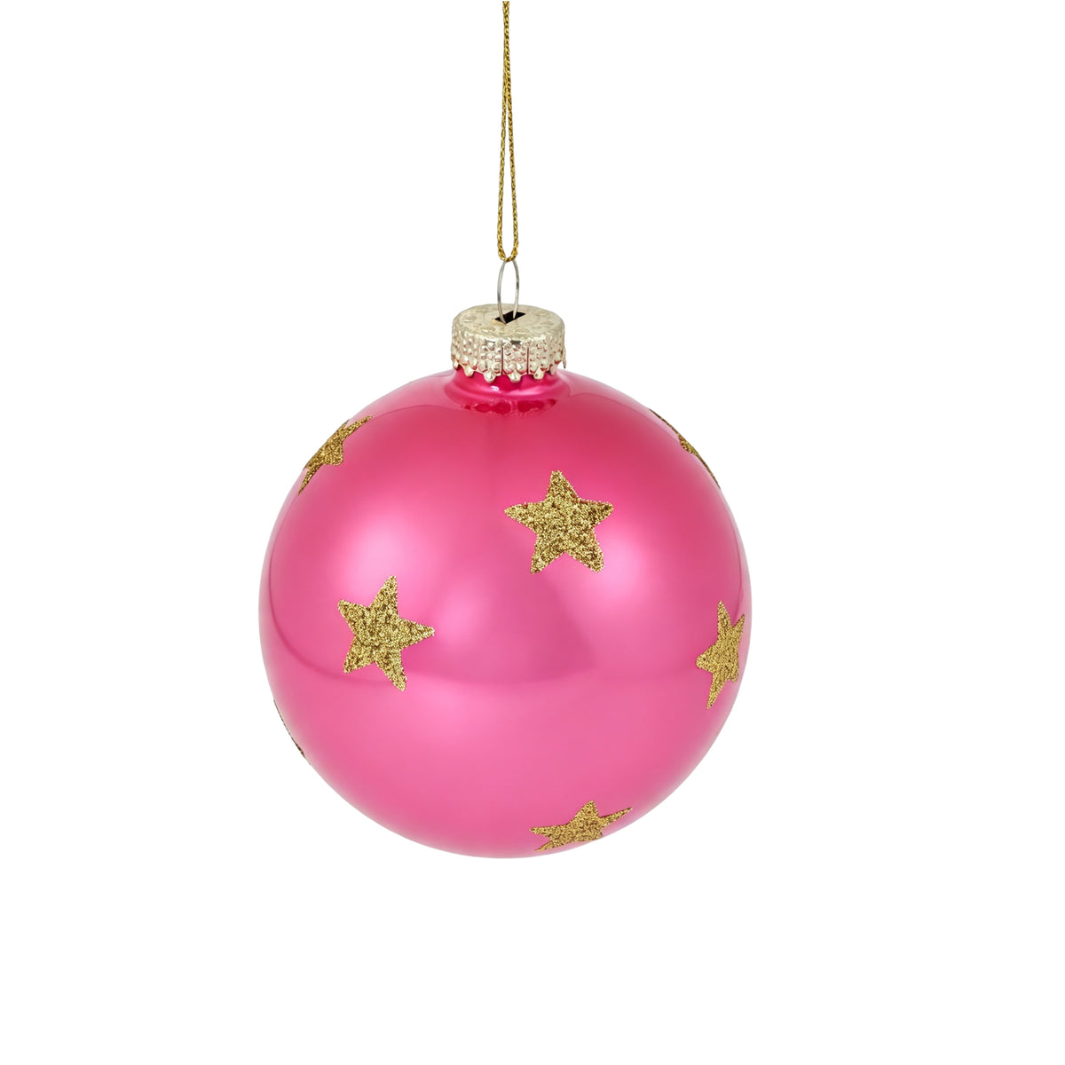 Pallina di Natale in vetro rosa lucido con decoro stelle oro, 8 cm – palline di Natale in vetro Merry Worlds