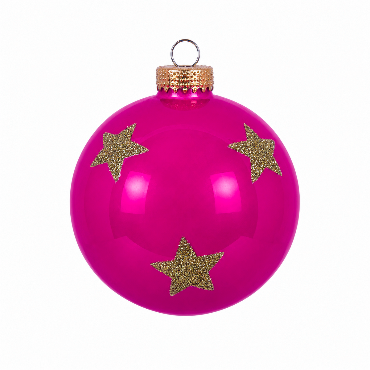 Pallina di Natale in vetro rosa lucido con decoro stelle oro, 8 cm – decorazioni per albero di Natale Merry Worlds, foto 2