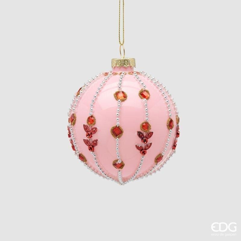 Pallina di Natale in vetro rosa con perline e fiori in rilievo, 8 cm