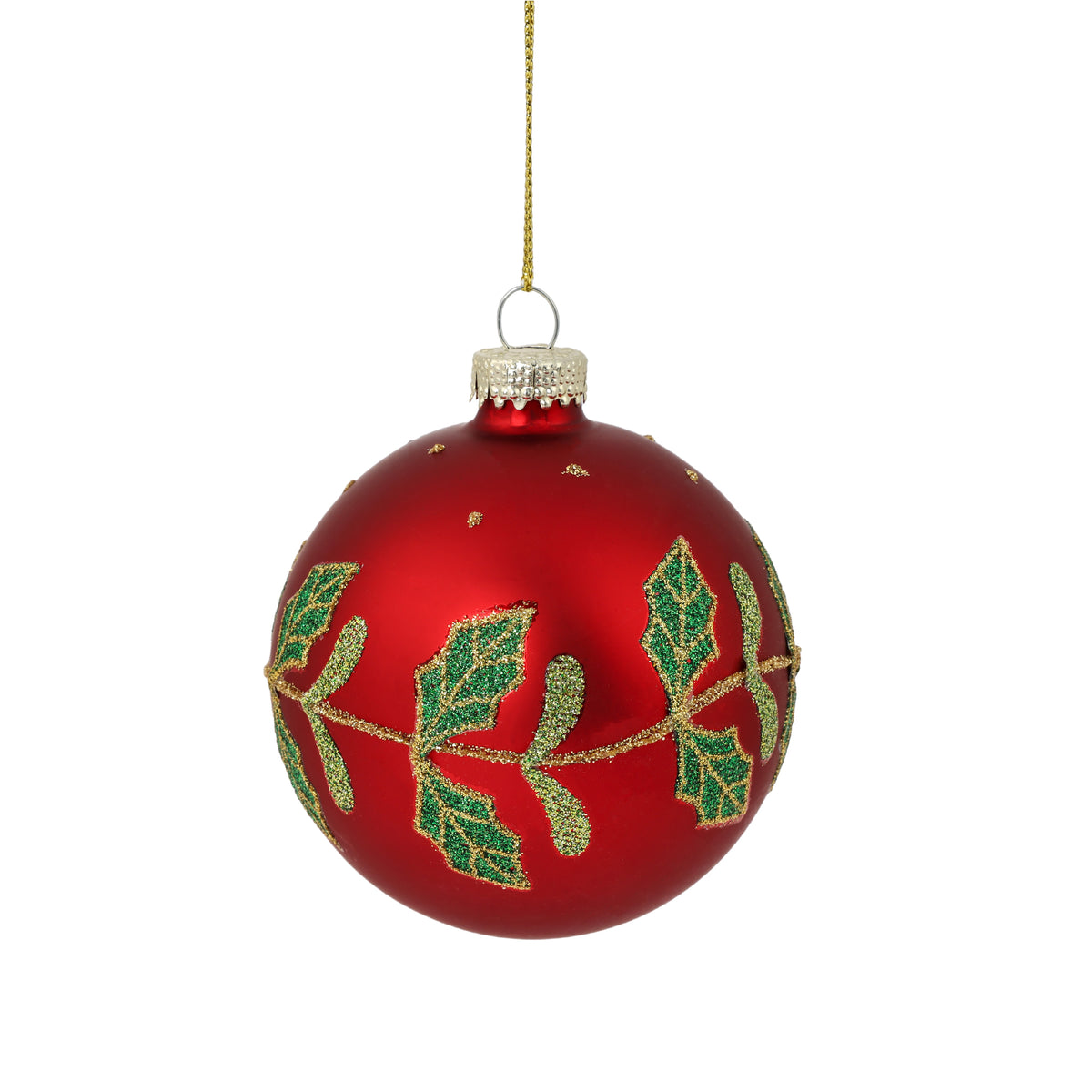 Pallina di Natale in vetro rosso opaco con decoro foglie agrifoglio, 8 cm – palline di Natale in vetro Merry Worlds