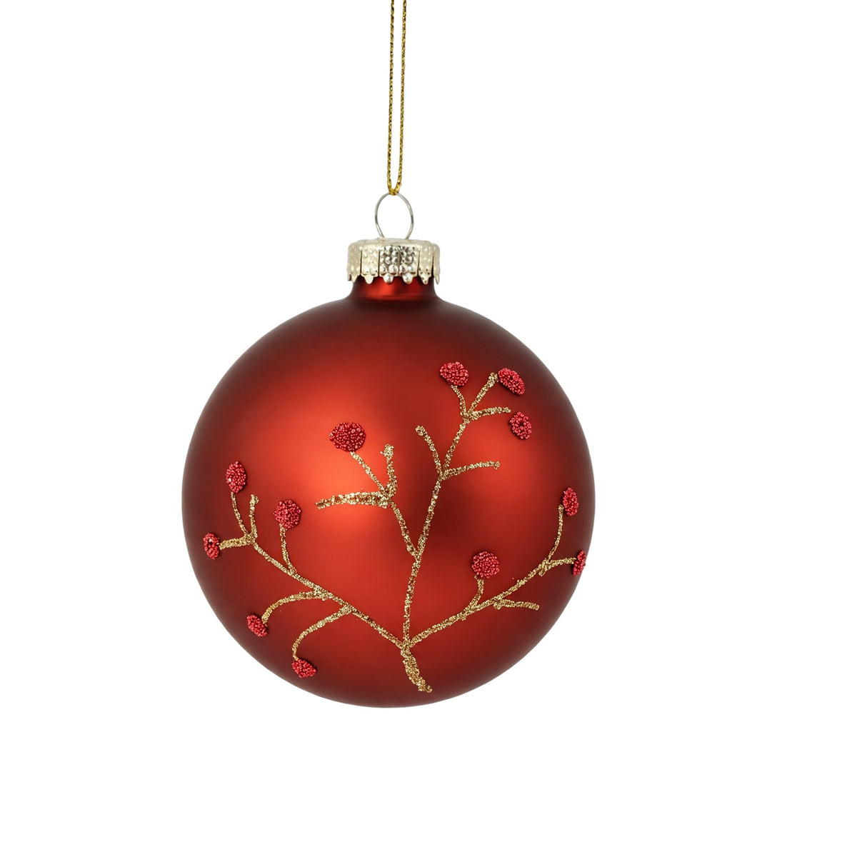 Pallina di Natale in vetro rosso opaco con decoro rami e bacche, 8 cm – palline di Natale in vetro Merry Worlds