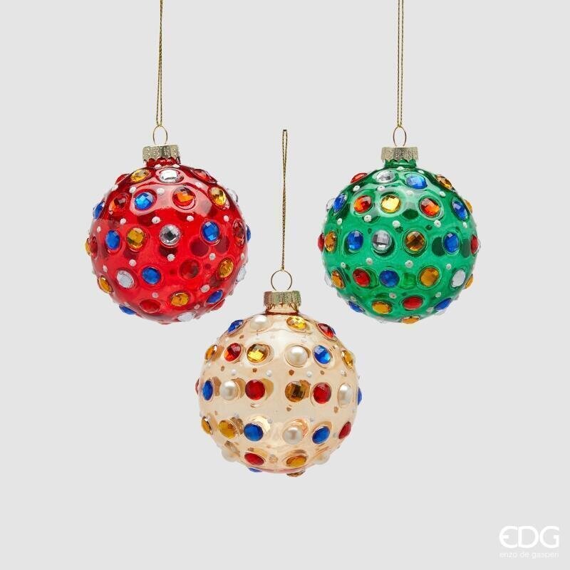 Palline di Natale in vetro super gemme 8 cm nei colori rosso, verde e bianco oro
