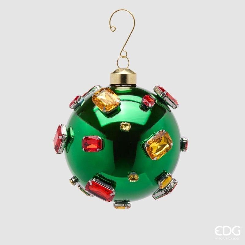 Pallina di Natale in vetro verde lucido con grandi gemme colorate, 10 cm