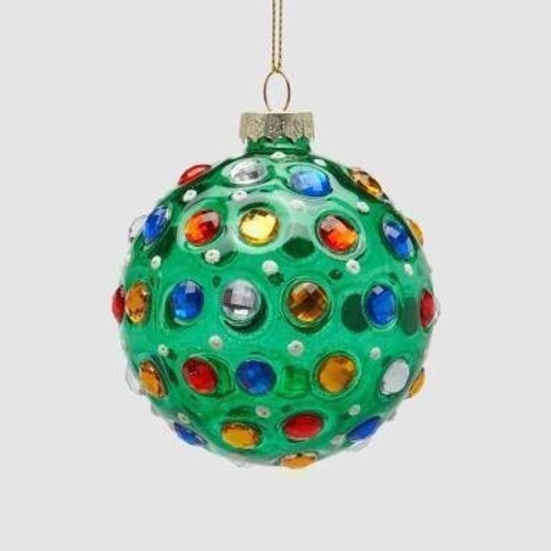 Pallina di Natale in vetro verde ricoperta di gemme colorate, 8 cm
