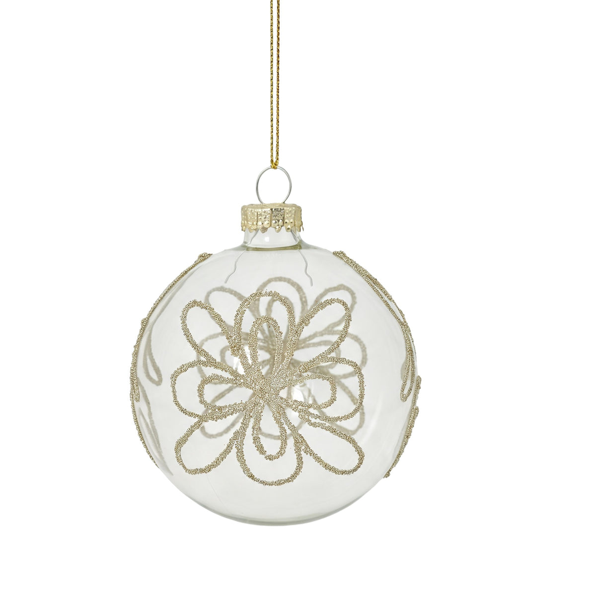 Pallina di Natale in vetro trasparente con decoro fiori bianchi, 8 cm, dettaglio – ornamenti natalizi Merry Worlds, foto 2