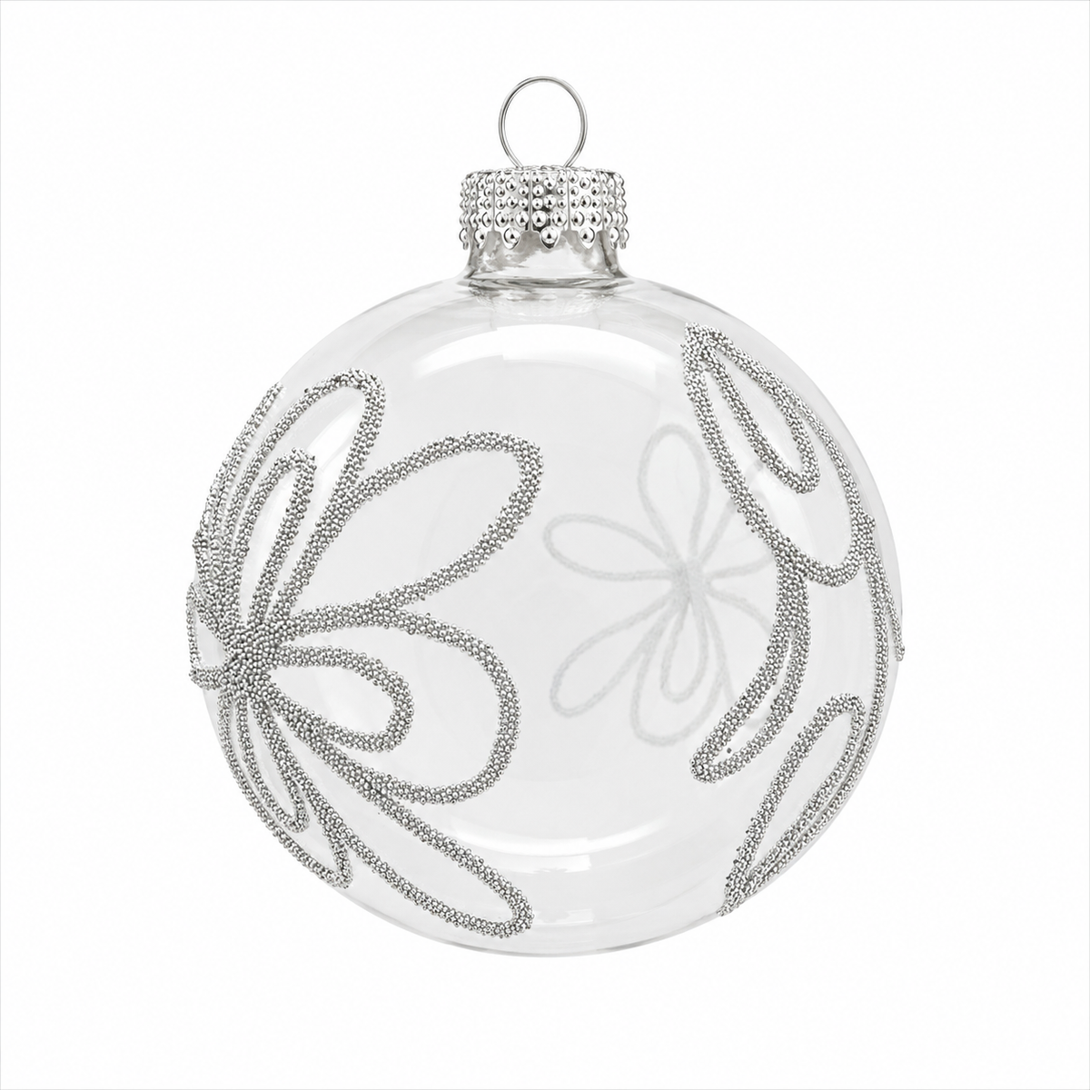 Pallina di Natale in vetro trasparente con decoro fiori bianchi, 8 cm – palline di Natale eleganti Merry Worlds, foto 3