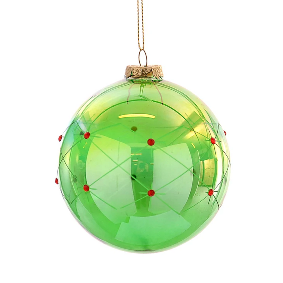 Pallina di Natale in vetro verde iridescente con strass rossi – palline di Natale in vetro Merry Worlds