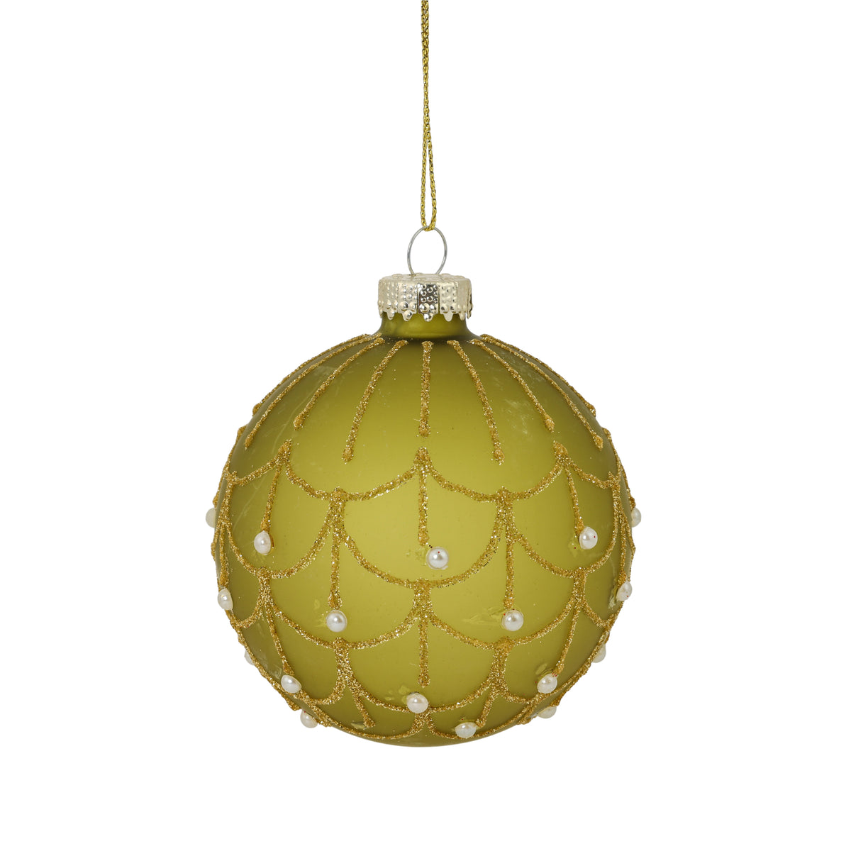 Pallina di Natale in vetro verde opalino con decoro oro glitter e perle, 8 cm – palline di Natale in vetro Merry Worlds