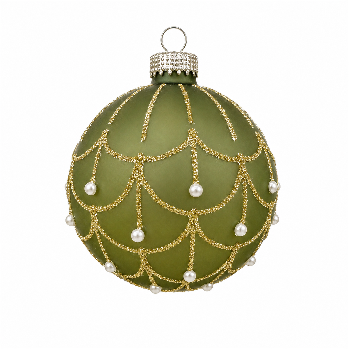 Pallina di Natale in vetro verde opalino con decoro oro glitter e perle, 8 cm – ornamenti natalizi Merry Worlds, foto 2