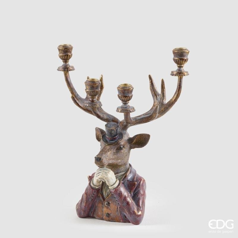 Portacandela natalizio busto di cervo Bohème con giacca bordeaux e 4 fuochi sulle corna, 43 cm