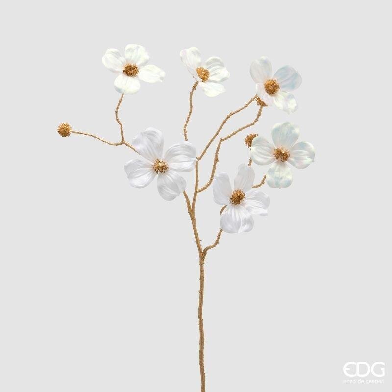 Ramo artificiale di cornus con fiori bianchi e gambo oro, 72 cm