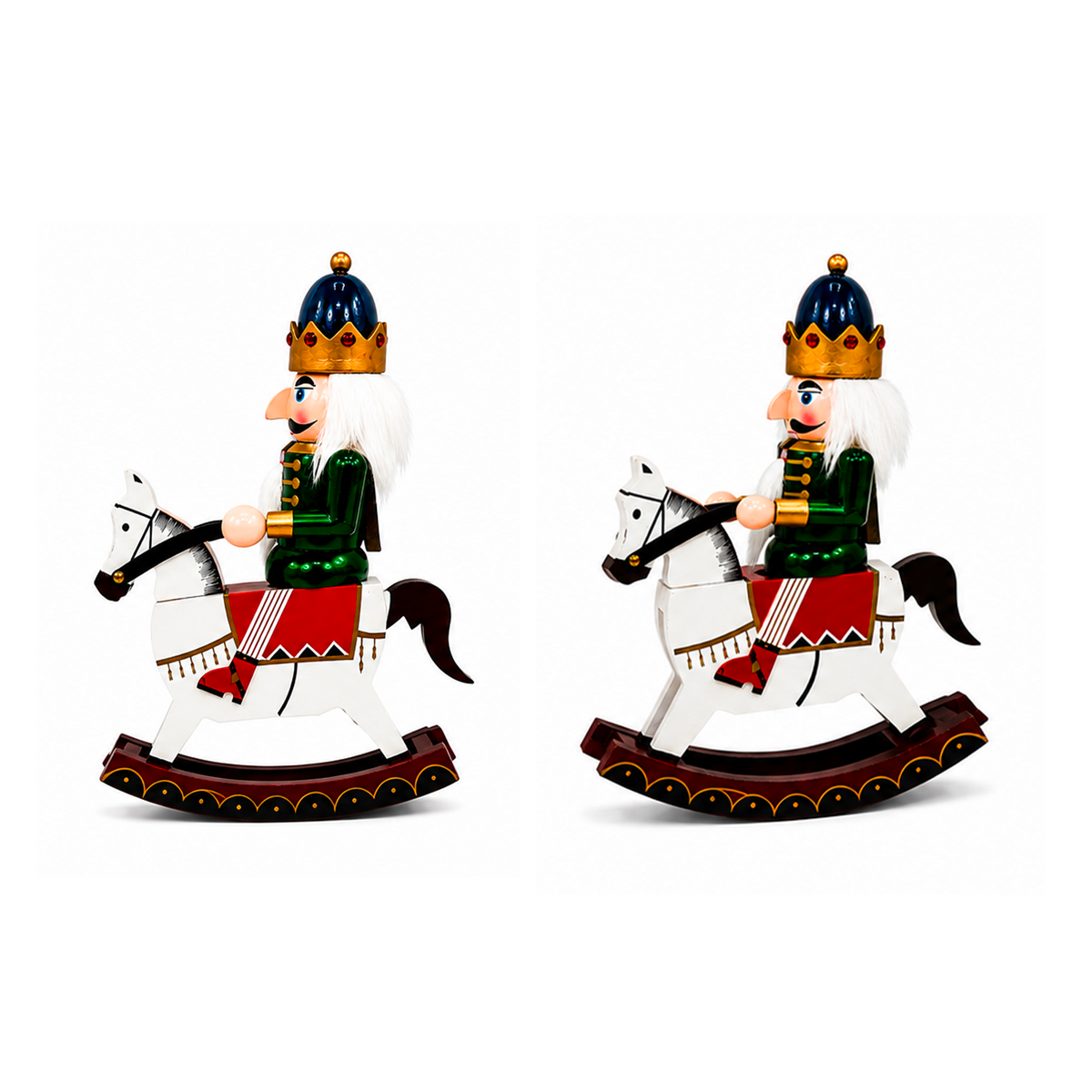 Schiaccianoci in legno su cavallo a dondolo, 28 cm – decorazioni natalizie di design Merry Worlds, foto 2