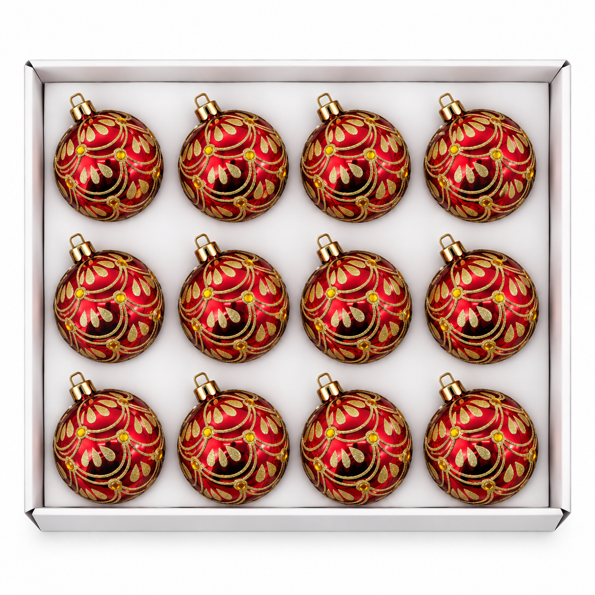 Set 12 Palline di Natale Infrangibili Rosse con Drappeggi Oro e Gemme, 8cm e 10cm – palline di Natale infrangibili Merry Worlds