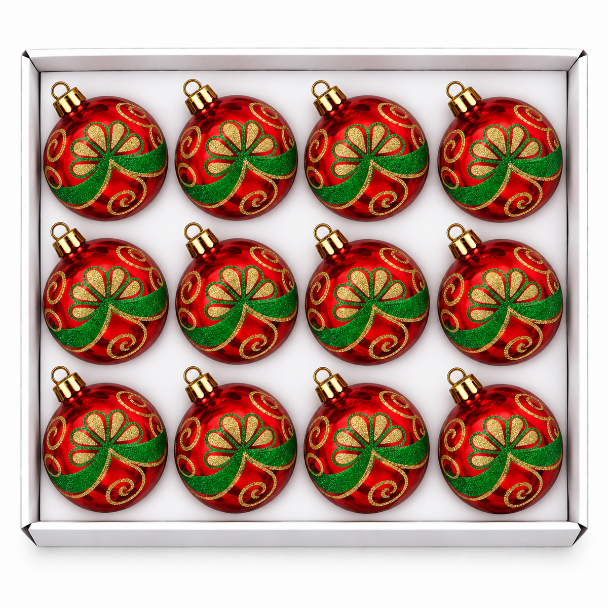 Set 12 Palline di Natale Infrangibile Rossa Lucida con Fiore Verde e Oro, 8cm e 10cm – palline di Natale infrangibili Merry Worlds