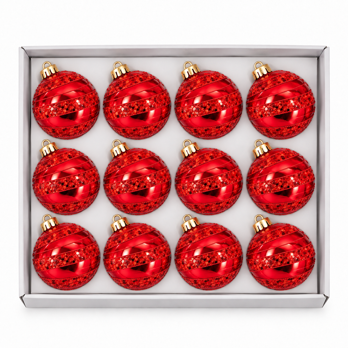 Set 12 palline di Natale infrangibile rosso lucido con decori vellutati, 8 cm e 10 cm – palline di Natale infrangibili Merry Worlds