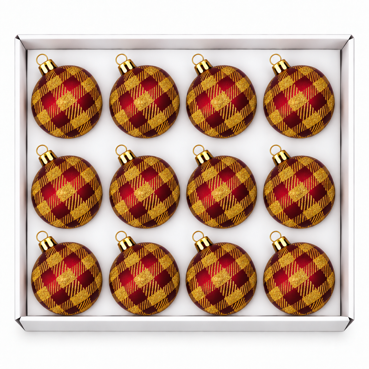 Set 12 Palline di Natale Infrangibili Tartan Rosso e Oro, 8cm e 10cm – palline di Natale infrangibili Merry Worlds