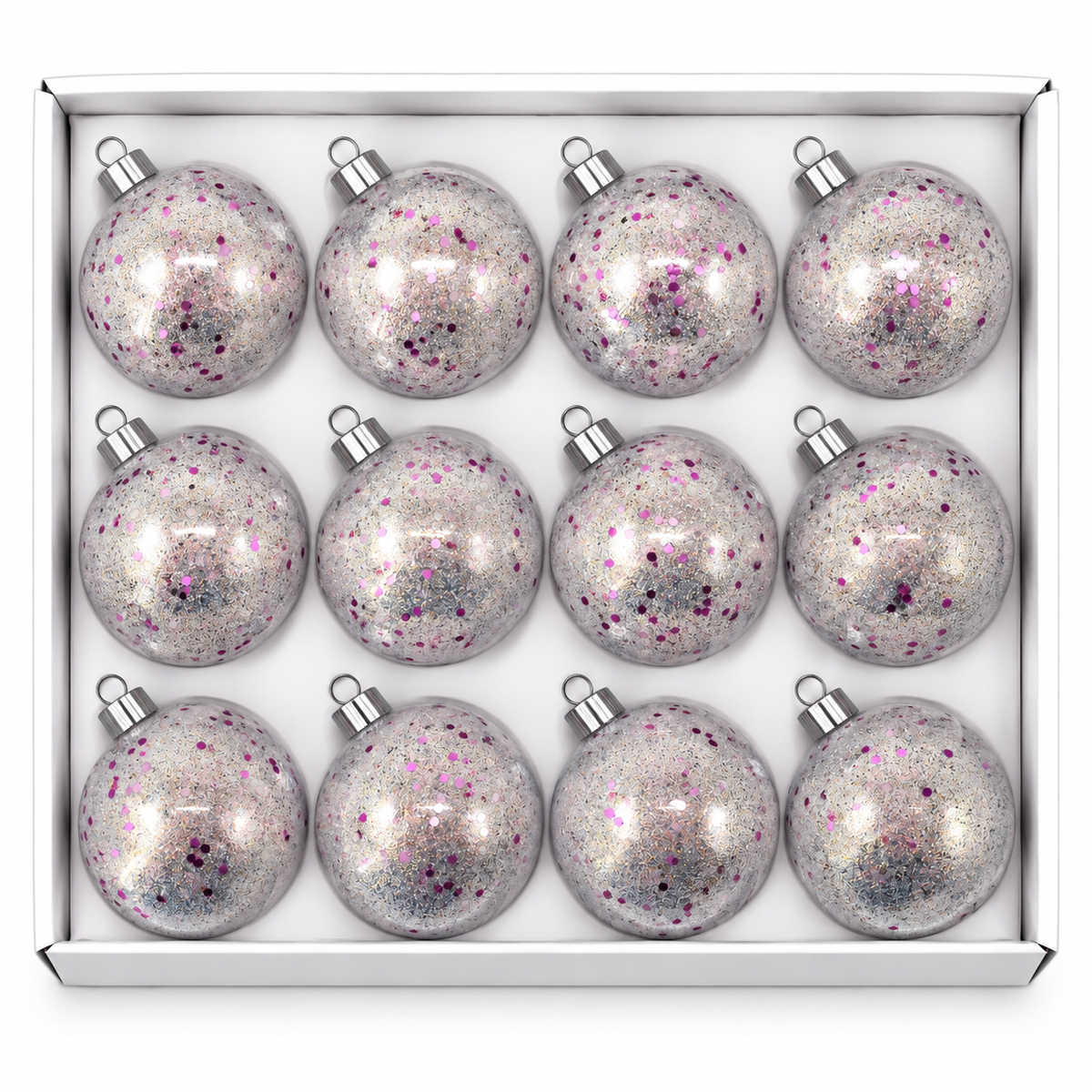 Set 12 Palline di Natale Infrangibili Trasparenti con Cuori Rosa, 8cm e 10 cm – palline di Natale infrangibili Merry Worlds