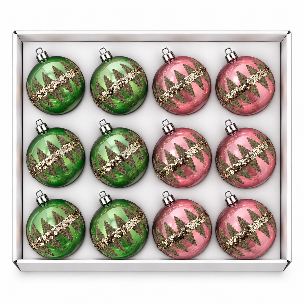 Set 12 palline di Natale infrangibili con alberelli glitter, 8 cm – palline di Natale infrangibili Merry Worlds