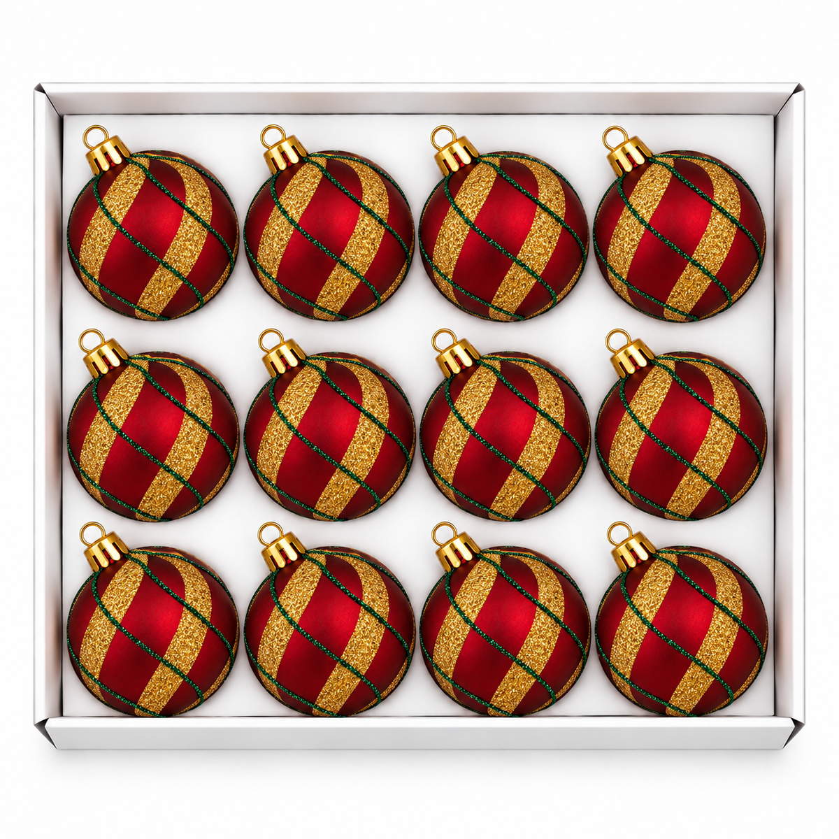 Set 12 Palline di Natale Infrangibile Bordeaux con Strisce Glitter Oro e Verde 8cm/10cm – palline di Natale infrangibili Merry Worlds
