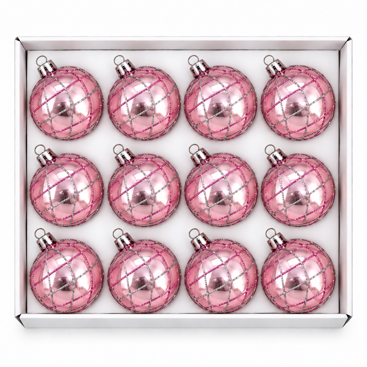 Set 12 Palline di Natale Infrangibile Rosa Cipria con Reticolo Glitter 8cm/10cm – palline di Natale infrangibili Merry Worlds
